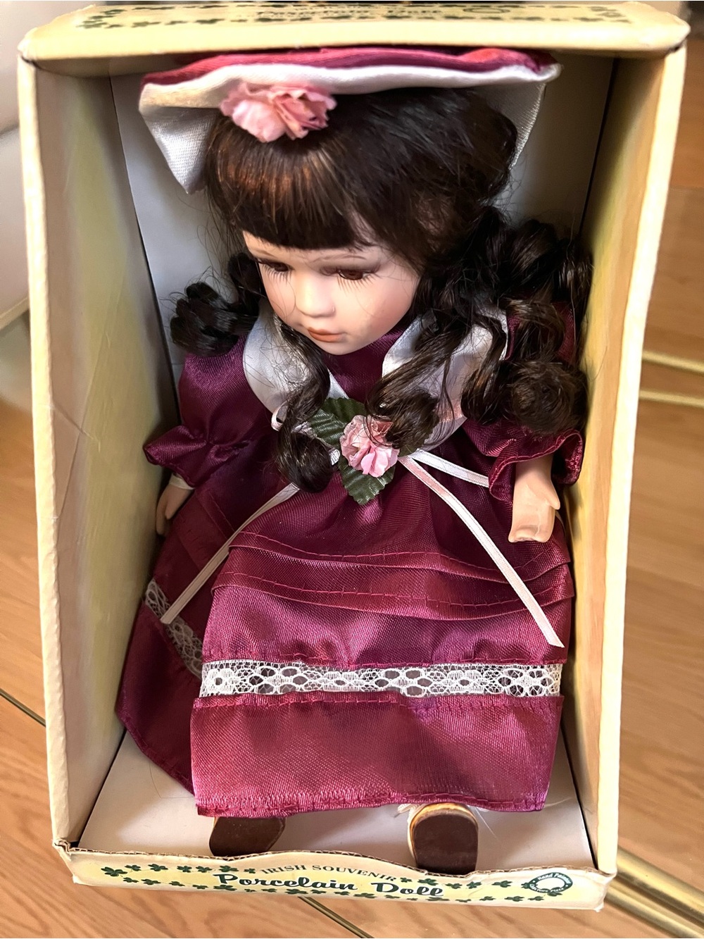 Irish Souvenir Porcelain Doll in Burgundy Dress! Vintage!
